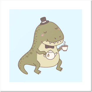 Cute Dinosaur Trex with Teapot and Tea Posters and Art